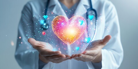 Ultra highdefinition illustration of a doctor showing a glowing heartbeat icon on a vibrant virtual screen