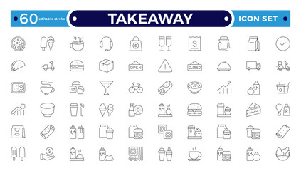 Takeaway Outline icon set. Fast food outline icons. Fast food vector icon line set. Burger sandwich pizza hot dog cola coffee sweets. Editable stroke outline icon.
