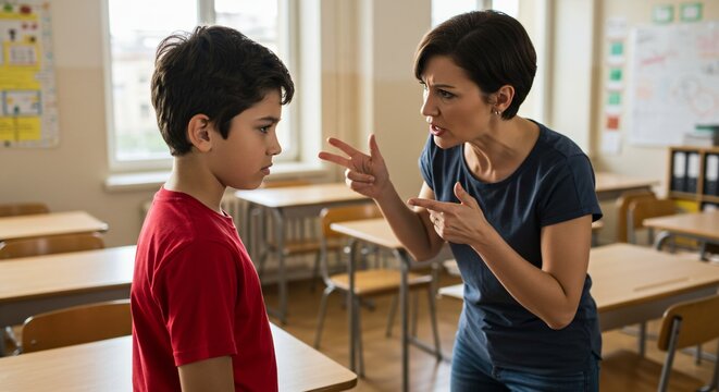 Angry Kid Being Scolded by a Teacher in a Classroom While Looking Away Defiantly