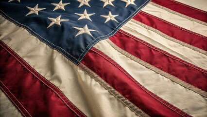 Obraz premium Close up view of the american flag showing stars and stripes in detail with visible stitching