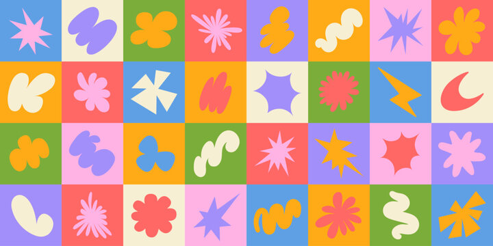 Abstract Geometric background with doodle groovy shapes. Various playful forms. Trendy vector illustration