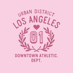Los Angeles city slogan print, retro varsity text graphic, California vintage college style typography, athletic hearts tee design