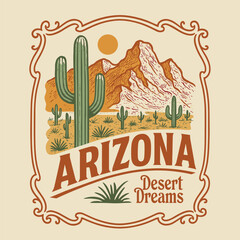 Arizona desert graphics art print, hand-drawn cactus sketch, t-shirt sweatshirt apparel design, fashion poster artwork
