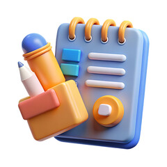 Obraz premium 3d icons of objects for training and office, icons of stationery magnifying glass, paper clip and pencil with notepad. 