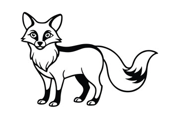 Outlined fox with thick fur stands attentively, looking toward the left side