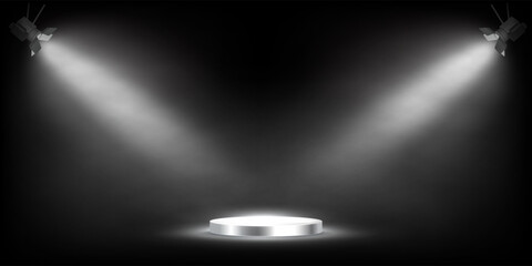 Naklejka premium Black stage background with glowing silver podium under two white spotlights. Dramatic lighting and smoky atmosphere for product presentation, award ceremony. Abstract vector illustration.