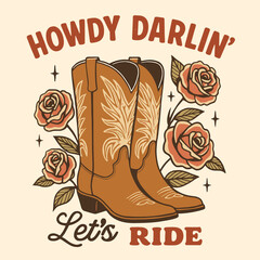 Vintage Cowgirl Boot Hand Drawn Design, Howdy Lets Get Rowdy Typography Tee, Retro Western Summer T-Shirt with Cactus Art