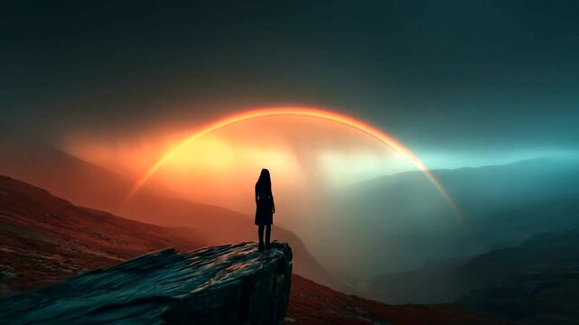 Silhouette figure on mountaintop with double rainbow