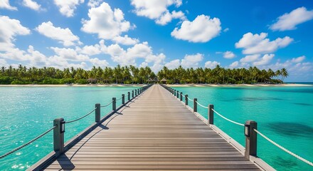 Naklejka premium Wooden pier extending over turquoise water to a tropical island with palm trees, bright sky, perfect for vacation, resort, and paradise backgrounds.