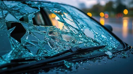 Shattered Broken Glass Car Window on Black Background for Overlay, Screen Layer, and Visual Effects in Graphic Design.