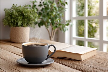 Obraz premium Steam Rising from Hot Coffee Cup Beside Open Book on Rustic Wooden Table near Window