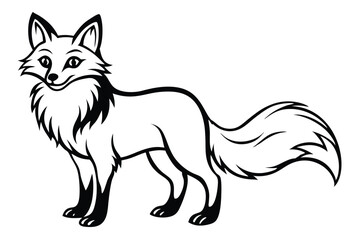 Black and white cartoon fox is standing, looking left with fluffy tail