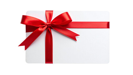 Blank white gift card with red ribbon band isolated on white or transparent png
