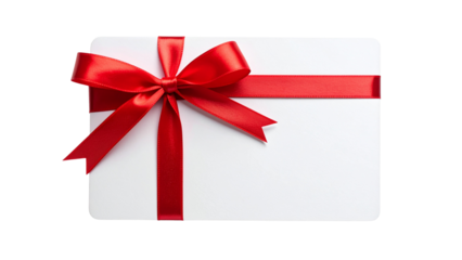 Blank white gift card with red ribbon band isolated on white or transparent png