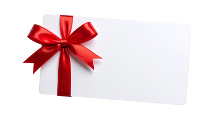 Blank white gift card with red ribbon band isolated on white or transparent png