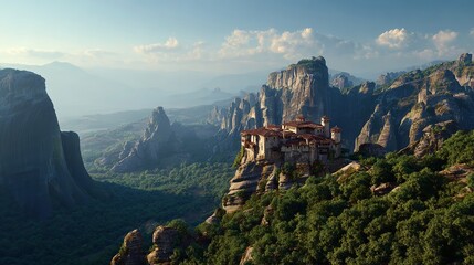 Majestic Meteora Clifftop Monastery in Greece Rocky Peaks Sacred Landscape Travel Destination