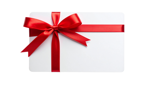 Blank white gift card with red ribbon band isolated on white or transparent png