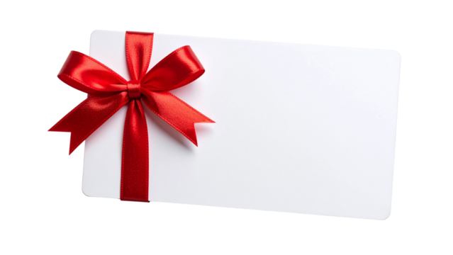 Blank white gift card with red ribbon band isolated on white or transparent png