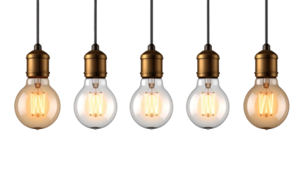 Collection of glowing light bulbs hanging isolated on a transparent background
