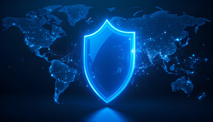 Fototapeta premium Glowing blue shield protects digital world map with glowing connections and data points