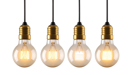 Collection of glowing light bulbs hanging isolated on a transparent background