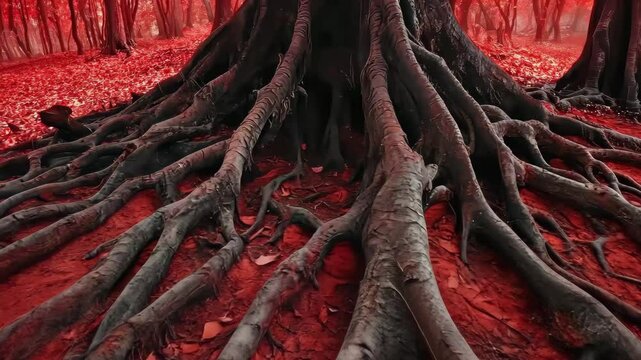 Mysterious tree roots emerge in eerie red forest creating an unsettling atmosphere, Passing Tree Roots In Scary Red Forest