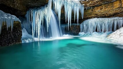 Flowing water behind icicles in a winter landscape at a tranquil location, Water flowing behind icicles - Powered by Adobe