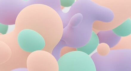 Organic shapes in soft pastels of pink, purple, and green, with layered forms creating depth. Ethereal and calming mood with smooth curves and gentle transitions.