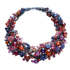 Exquisite multi colored gemstone necklace with floral and bead embellishments showcasing vibrant pink blue orange and purple hues isolated on transparent background