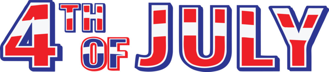 A "4th of July" graphic featuring bold, chunky text filled with red and white stripes and outlined in blue, giving a distinct patriotic and Americana feel on a white background