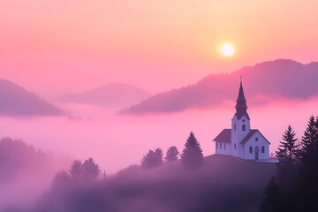 Serene sunrise over a foggy mountain landscape with a picturesque white church and tall pine trees. Soft pink and orange tones create a dreamy, tranquil atmosphere ideal for nature and travel themes.