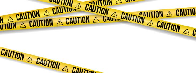 Caution tapes. Yellow warning danger tapes. Do not cross ribbons. Realistic tapes for police, Restricted area, under construction, crime scene. overlapping diagonally ribbon on transparent background