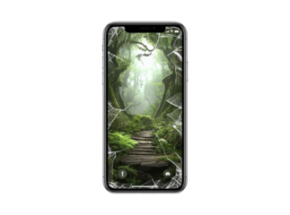 Cracked smartphone screen showing mystical forest path, Isolated On Transparent Background, Cut Out