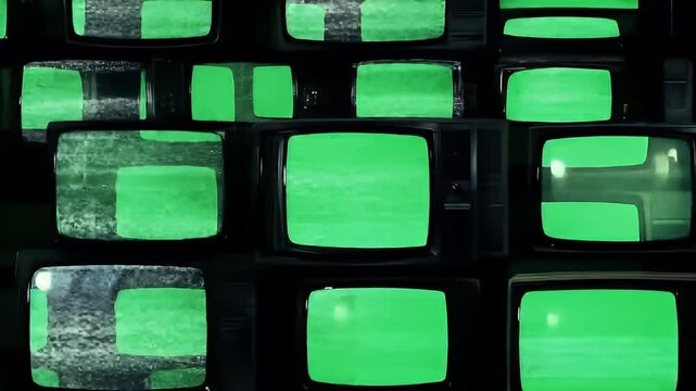 Wall of old televisions flickering with green screens perfect for adding your own content to a vintage display or retro art project.