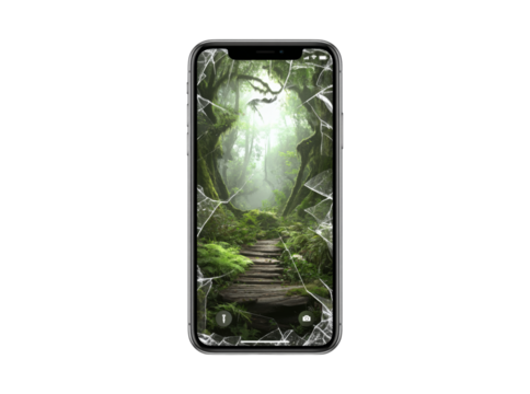 Cracked smartphone screen showing mystical forest path, Isolated On Transparent Background, Cut Out - Powered by Adobe