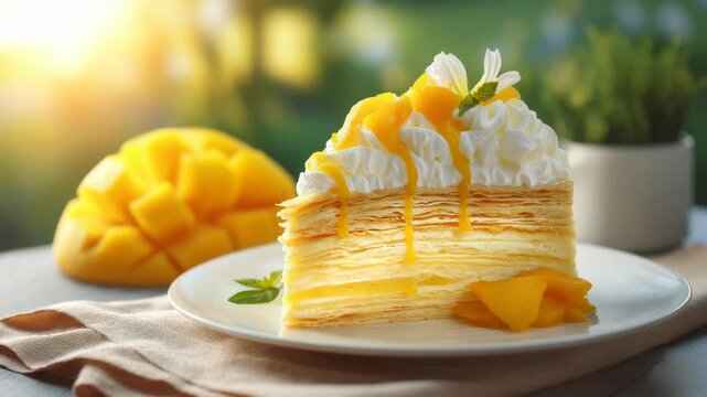 Delicious Mango Crepe Cake with Cream and Fresh Mango Chunks for Sweet Indulgence