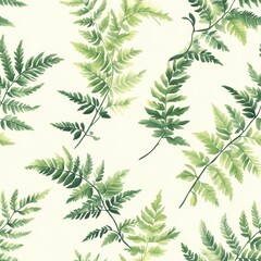 A seamless pattern with realistic mini fern leaves, mesmerizing and vibrant, minimalist design, soft colors 