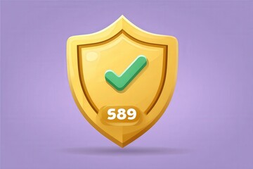 Digital badge symbolizing achievement and security featuring golden shield with a green checkmark and numerical code set against a pastel purple backdrop conveying accomplishment in gaming or