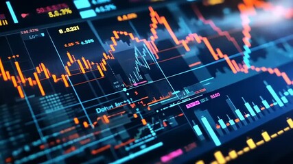 Vibrant financial market data visualization with dynamic graphs and fluctuating stock prices in background - Powered by Adobe