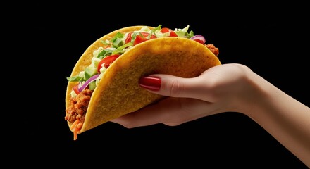 Red manicured hand holding a taco