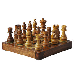 A collection of polished wooden chess pieces arranged on a chessboard showcasing a king queen rooks bishops knights and pawns isolated on transparent background