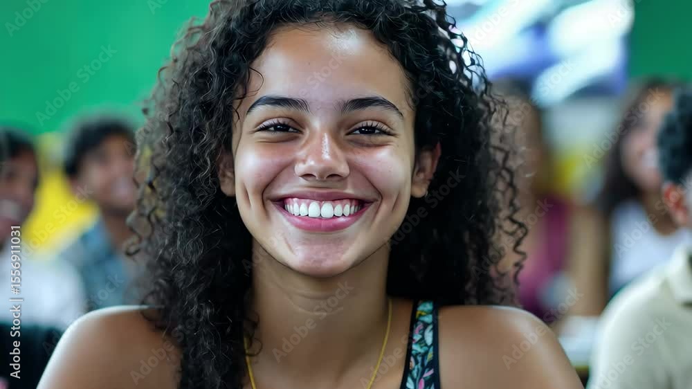 Poster smiling student with crossed arms in a classroom setting, smiling with crossed arms in the classroom