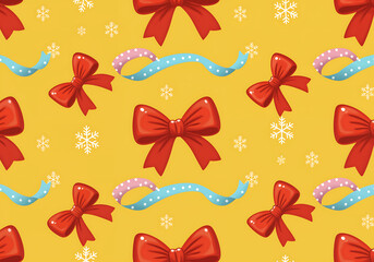 Seamless Holiday Gift Box Pattern with Bows Ribbons and Snowflakes for Wrapping Paper