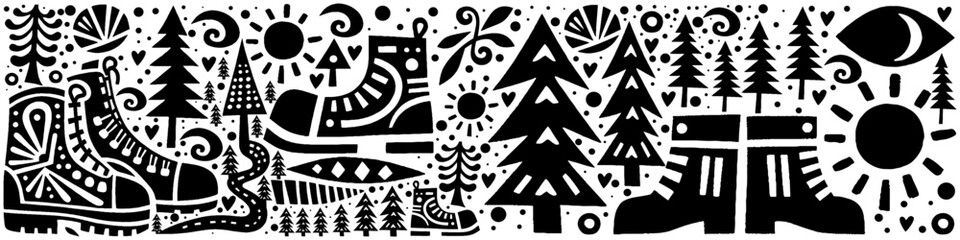Hand‑Drawn Boots and Pine Trees Illustration, Tribal Forest Folk Art Pattern Vector for Hiking and Nature Adventure Themes Design