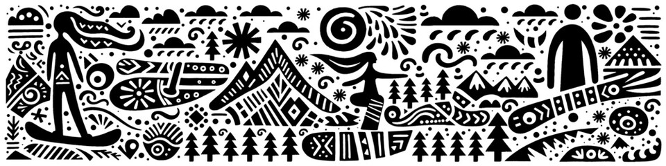 Hand‑Drawn Snowboard Illustration, Tribal Winter Folk Art Pattern Vector for Sport and Adventure Mountain Themes Design
