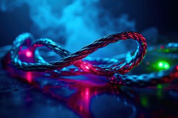 A string of lights is lit up in a blue room