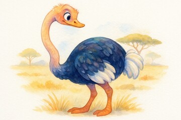 Adorable Cartoon Ostrich Twisting Neck Viewing Itself on White Background with Savannah Silhouette