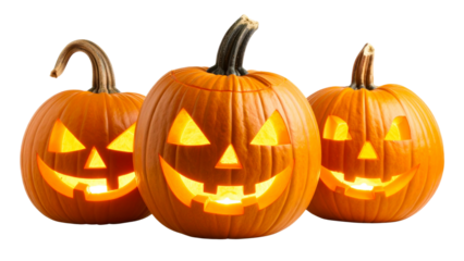 Three lit Jack-o-Lantern, halloween pumpkin lanterns on a wooden product display table with an isolated transparent background.