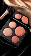 luxury blush palette with makeup brushes on silky fabric background with gold tones styled in golden hour side light
