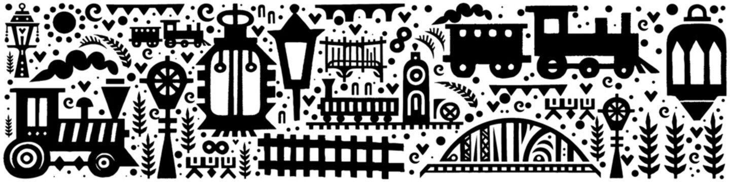 Hand‑Drawn Steam Train Illustration, Tribal Railway Folk Art Pattern Vector for Travel and Industrial Adventure Themes Design